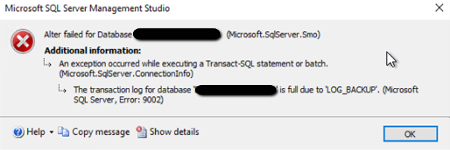 sql transaction log error 9002